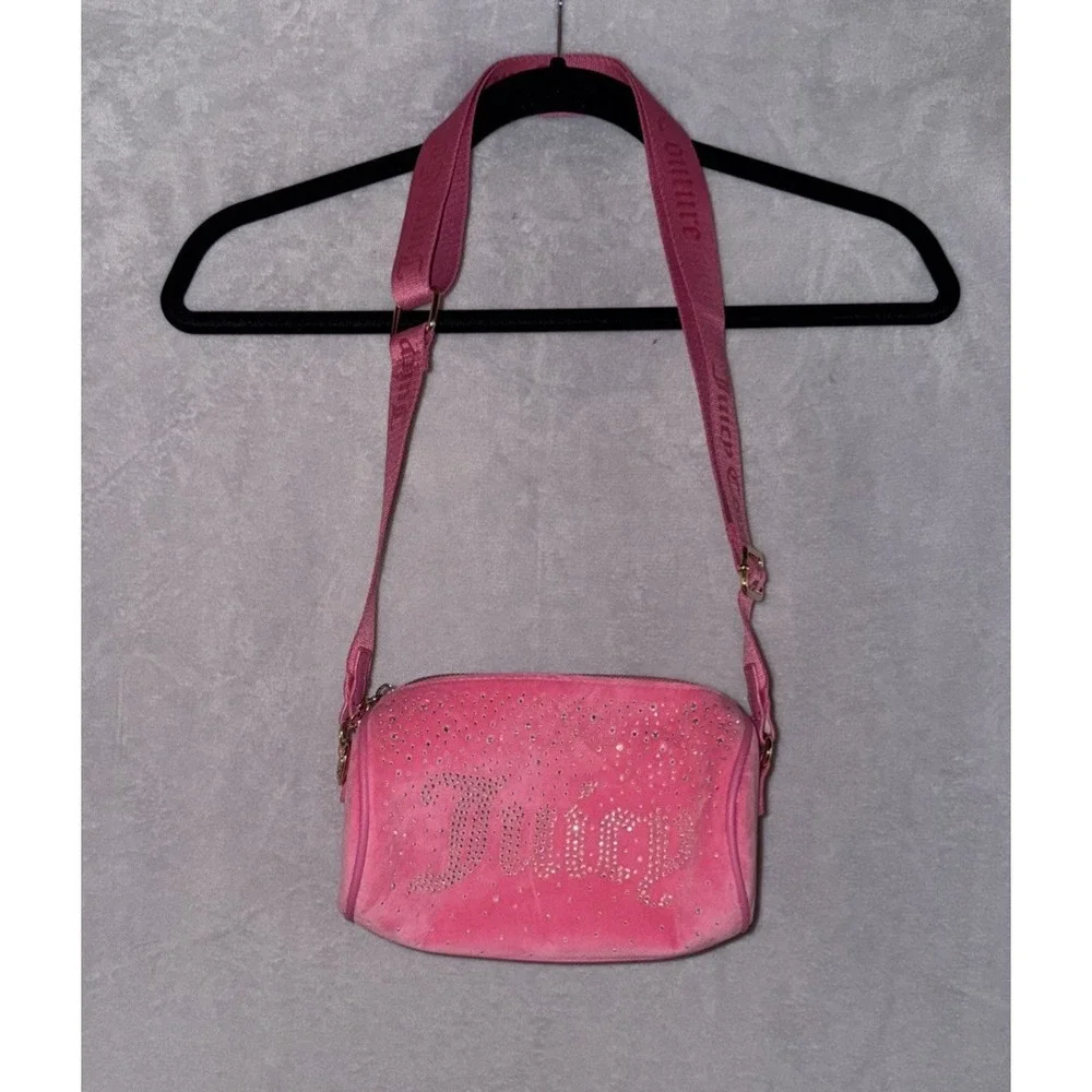 Pink Juicy Couture Purse Barrel Bag Rhinestone Crossbody Velvet Let It Shine